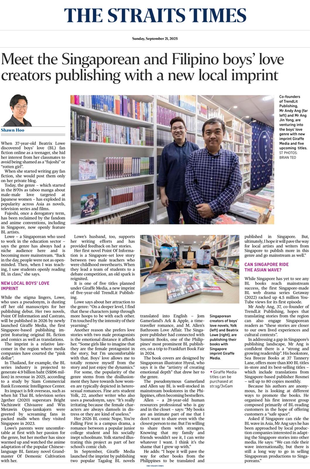 The Straits Times (Singapore): Meet the Singaporean and Filipino boys' love creators publishing with a new local imprint